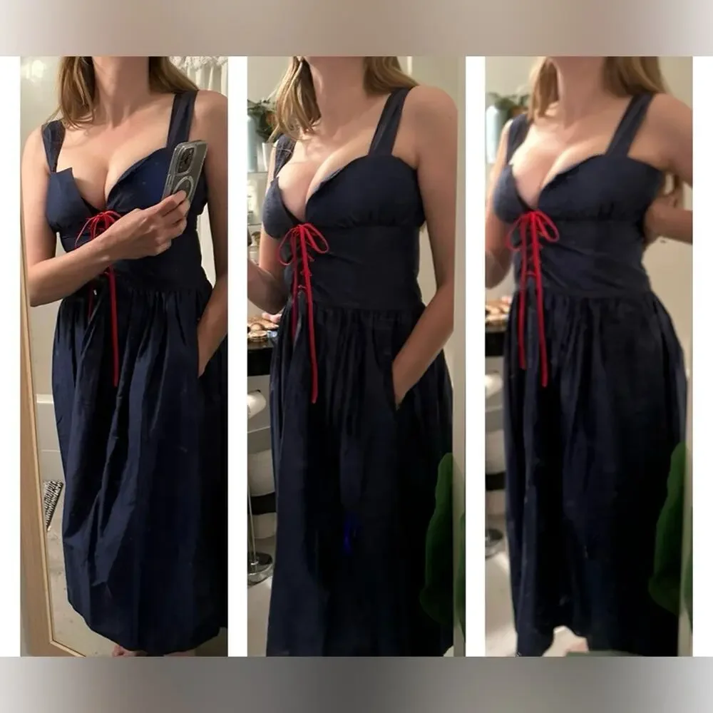 70s Givenchy Navy Dress with Red Lace-Up Corset Empire Bustier Accent - Picture 4 of 11